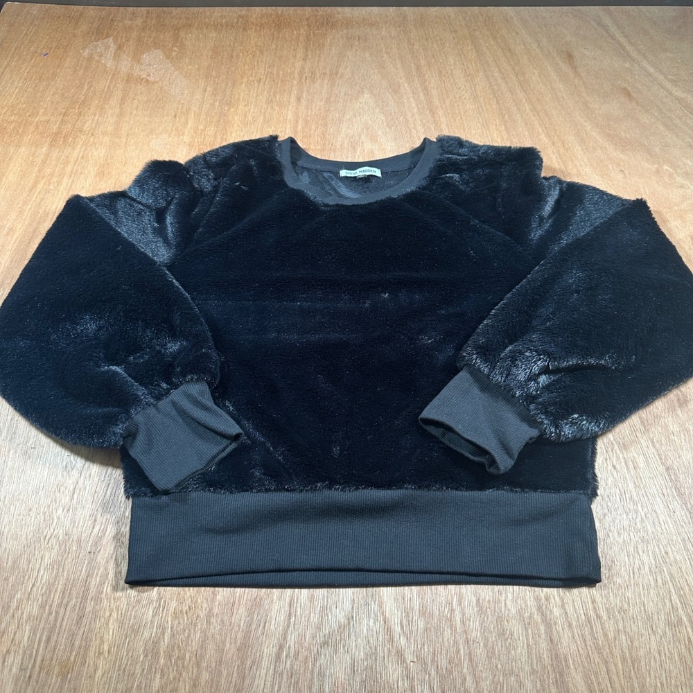 Steve Madden Faux Fur Sweatshirt Women XL Black Almost Famous Crewneck Plush
